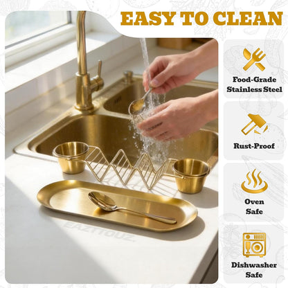Stainless Steel Taco Holder Tray Set of 2, Taco Rack Holds 3 Tacos Each with Serving Tray, Sauce Cups & Spoon, Oven & Dishwasher Safe for Taco Night & Parties (Gold-2 Pack)