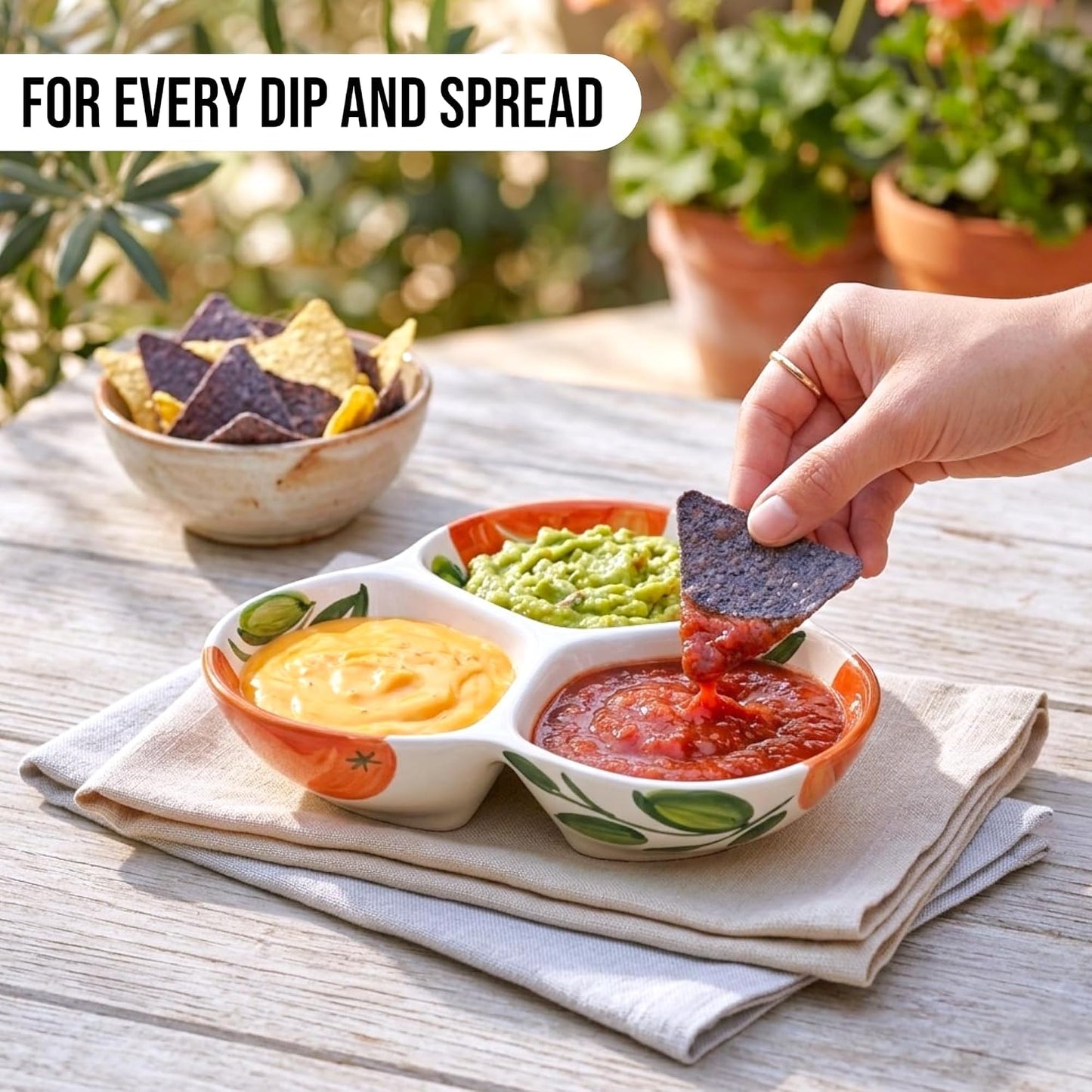 Ceramic Chip & Dip Bowl 7.5”, 3-Compartment Divided Serving Dish & Condiment Tray for Appetizers – Handmade in Spain, Lead-Free Glaze, Microwave, Oven & Dishwasher Safe