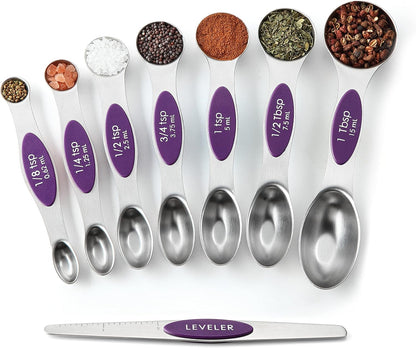 Spring Chef Stainless Steel Magnetic Measuring Spoons Set with Strong N45 Magnets, Heavy Duty Metal Kitchen Gadgets for Baking & Cooking, Fits in Most Kitchen Spice Jars, Set of 8 with Leveler, Black