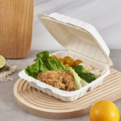 8X8 3-Compartment 50-Pack Plastic Clamshell Takeout Food Trays Heavy Duty Togo Disposable Box Carryout Meal Prep Packaging Catering Hinged Containers With Secure Snap Lid (Formerly FULING)