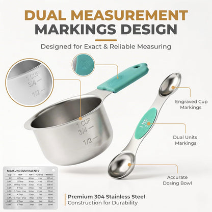 DIYORA Magnetic Measuring Cups and Spoons Set, 13-Piece 304 Stainless Steel Measuring Set with Leveler, Mini Whisk, Conversion Chart, Double-Sided Spoons for Baking and Cooking
