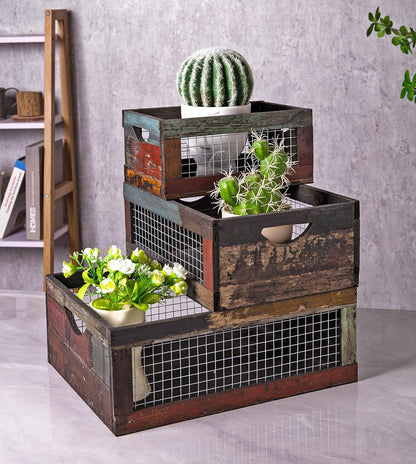 TIMRIS Set of 2 Rustic Wooden Countertop Baskets, Farmhouse Distressed Nesting Boxes, Small Decorative Wooden Storage Crates, Reclaimed Wood Organizer Baskets with Wire Mesh (Random)