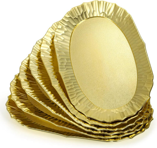AVLA 6 Pack Plastic Serving Tray, Gold Serving Platter Set, Reusable Party Snack Serving Tray, Decorative Food Appetizer Platters for Dessert Table, Cupcake, Charcuterie, Cookies, 14" x 8.5"