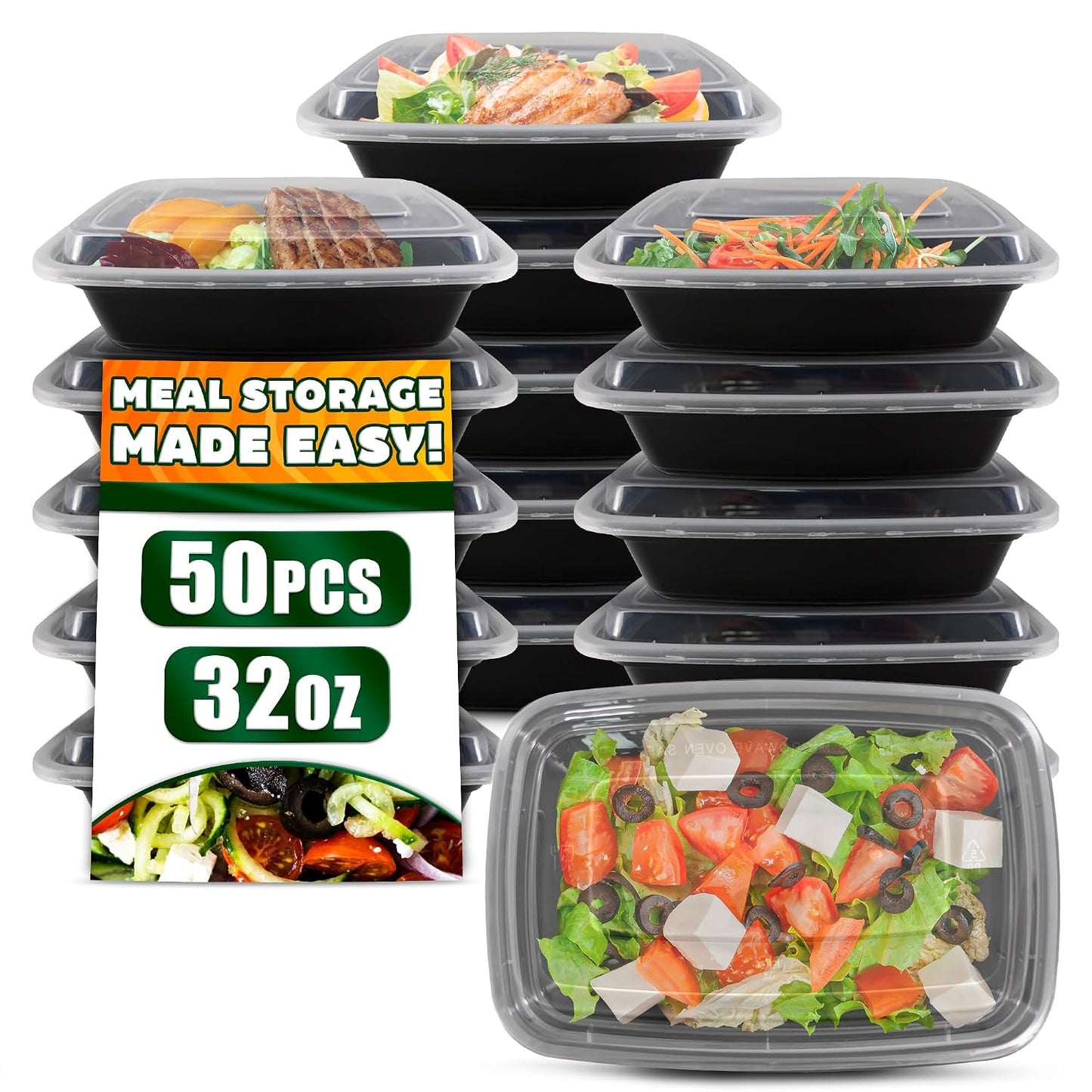 50 Pack [32 oz] Freezer Meal Prep Containers Reusable - Plastic Food Storage Containers with Lids, Dishwasher & Microwave Friendly, Warp-Resistant - Versatile Use for Meals, Leftovers & More