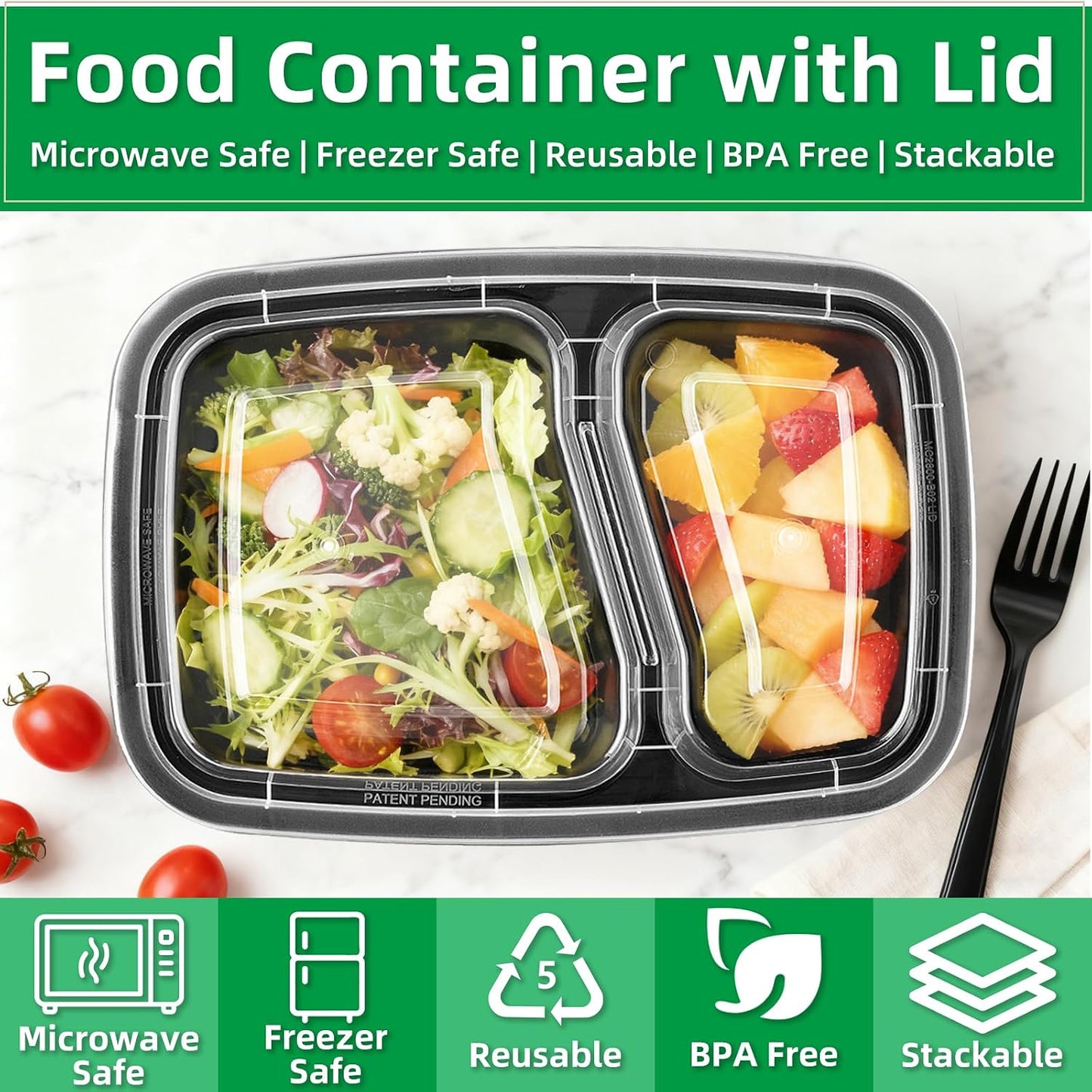 Meal Prep Containers 2 Compartment 15 Pack, 28 oz Divided Reusable Food Storage Containers with Lids Takeout Food Storage Containers Black, Microwave Dishwasher Freezer Safe, Stackable, BPA Free