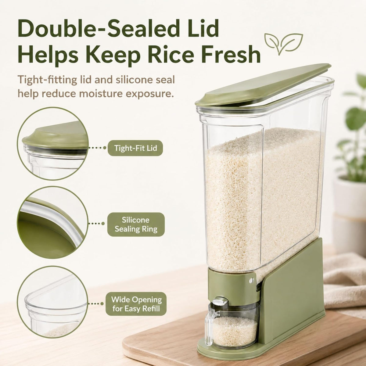 ROOM127 Rice Dispenser 22 Lbs, Large Airtight Grain Container, Cream White | Family Size Storage, BPA-Free, Moisture-Proof Seal, One-Touch Pouring, Clear Window, for Cereal, Beans, Oats & Dry Food