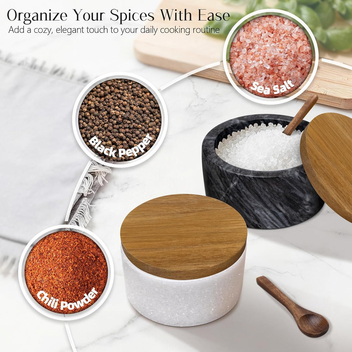 Marble Salt Cellar with Lid & Spoon, Salt Container, Salt Holder