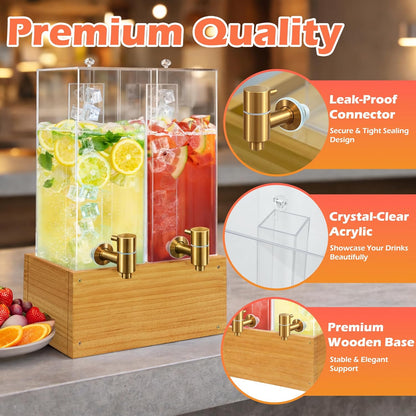 Beverage Dispenser with Stand, 4 Gallon Dual Drink Dispenser Stand, Large Drink Dispenser for Party, Wood Stand