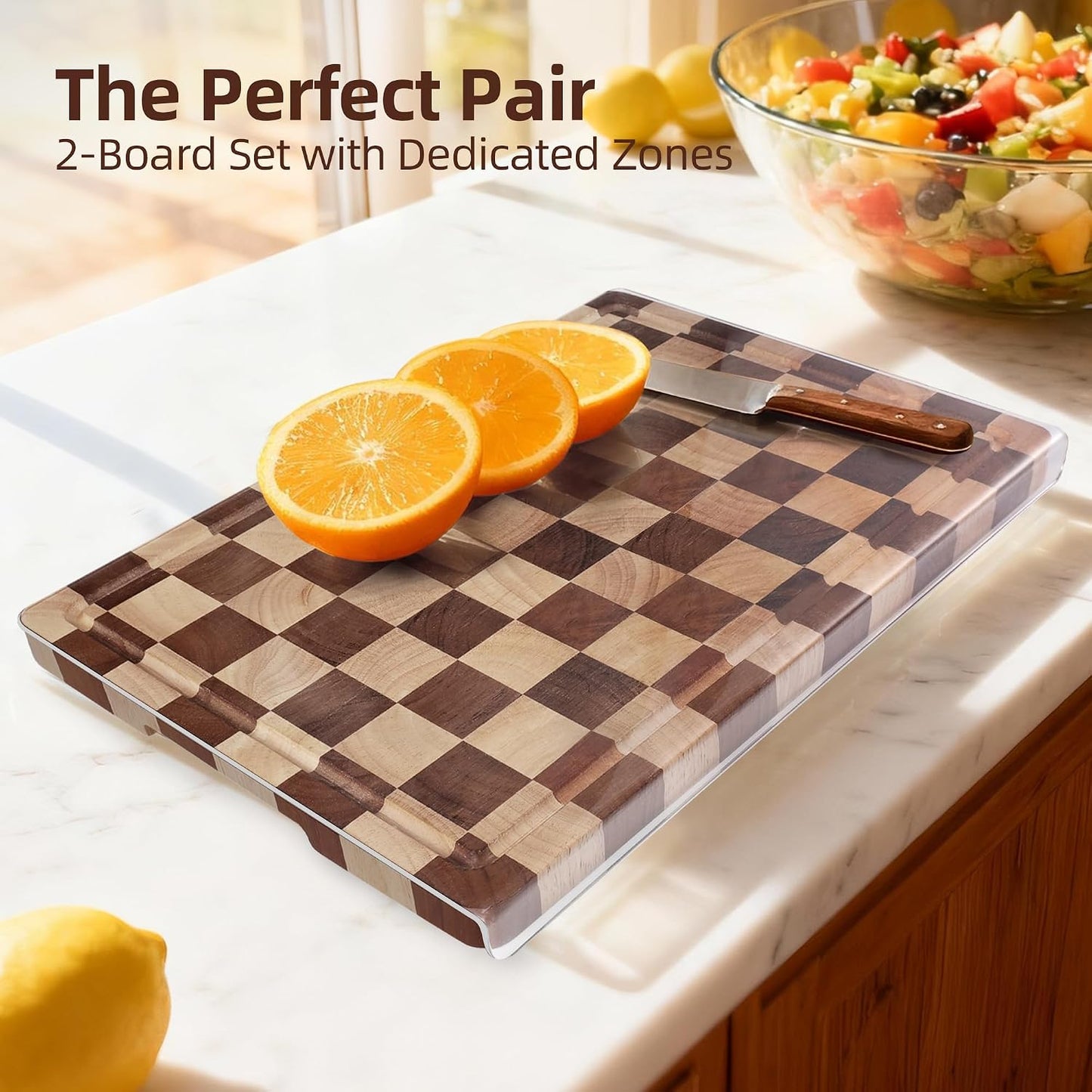 Checkered Cutting Board Set for Kitchen - 3 PCS Solid Wood End Grain Checkerboard Chopping Board with Holder & Juice Groove, Wooden Cutting Boards for Meat, Vegetables, Fruits (S, M, L)