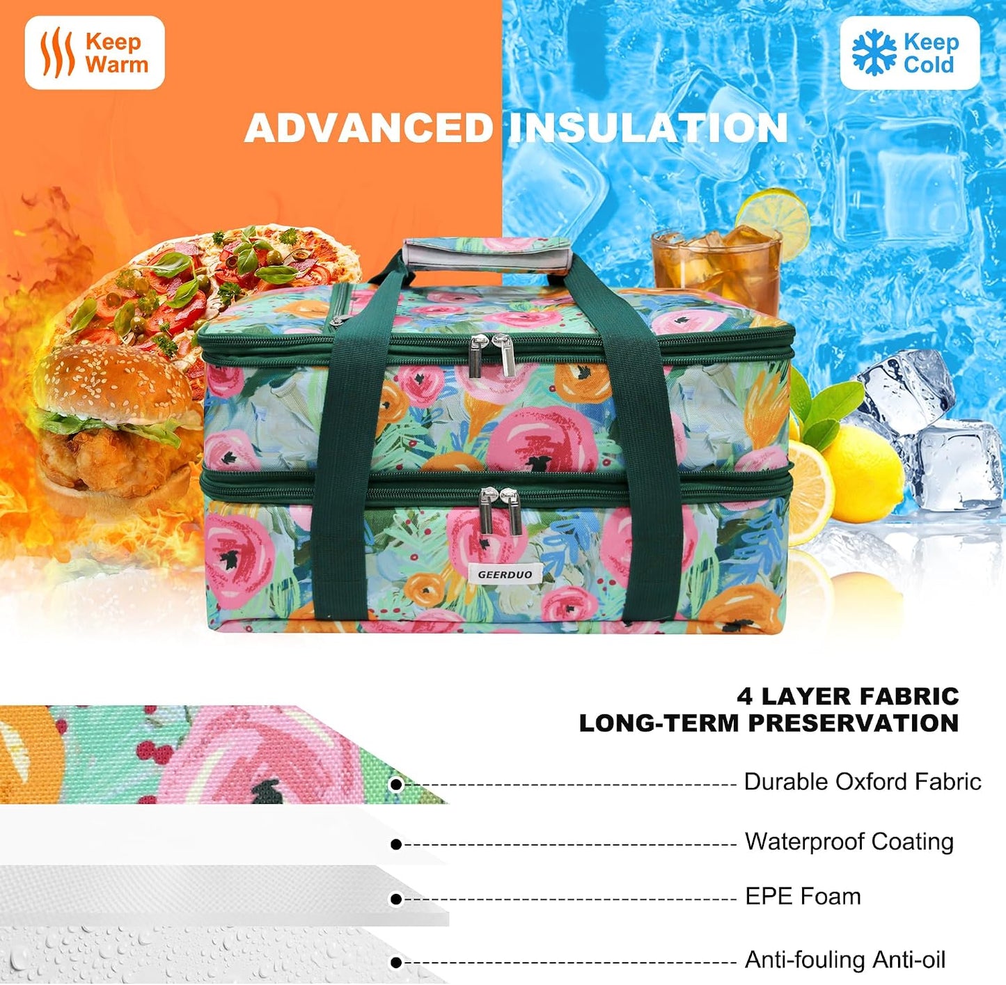 Double Decker Insulated Casserole Carrier, Expandable Thermal Food Warmer Bag Fits 9x13 Dish, Leak-Proof Potluck Lasagna Holder with Utensil Pocket for Picnic Party Cookout (Blue)