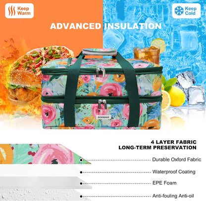 Double Decker Insulated Casserole Carrier, Expandable Thermal Food Warmer Bag Fits 9x13 Dish, Leak-Proof Potluck Lasagna Holder with Utensil Pocket for Picnic Party Cookout (Blue)