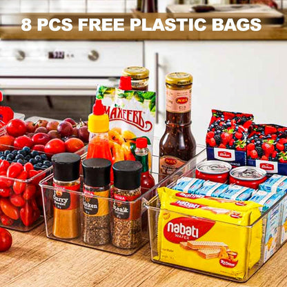 4PCS Food Storage Organizer Bins Clear Plastic Removable Snack Organizer Pantry Organization Storage Racks with Removable Divider,Perfect for Kitchen,Fridge,Cabinet,Bathroom Organization