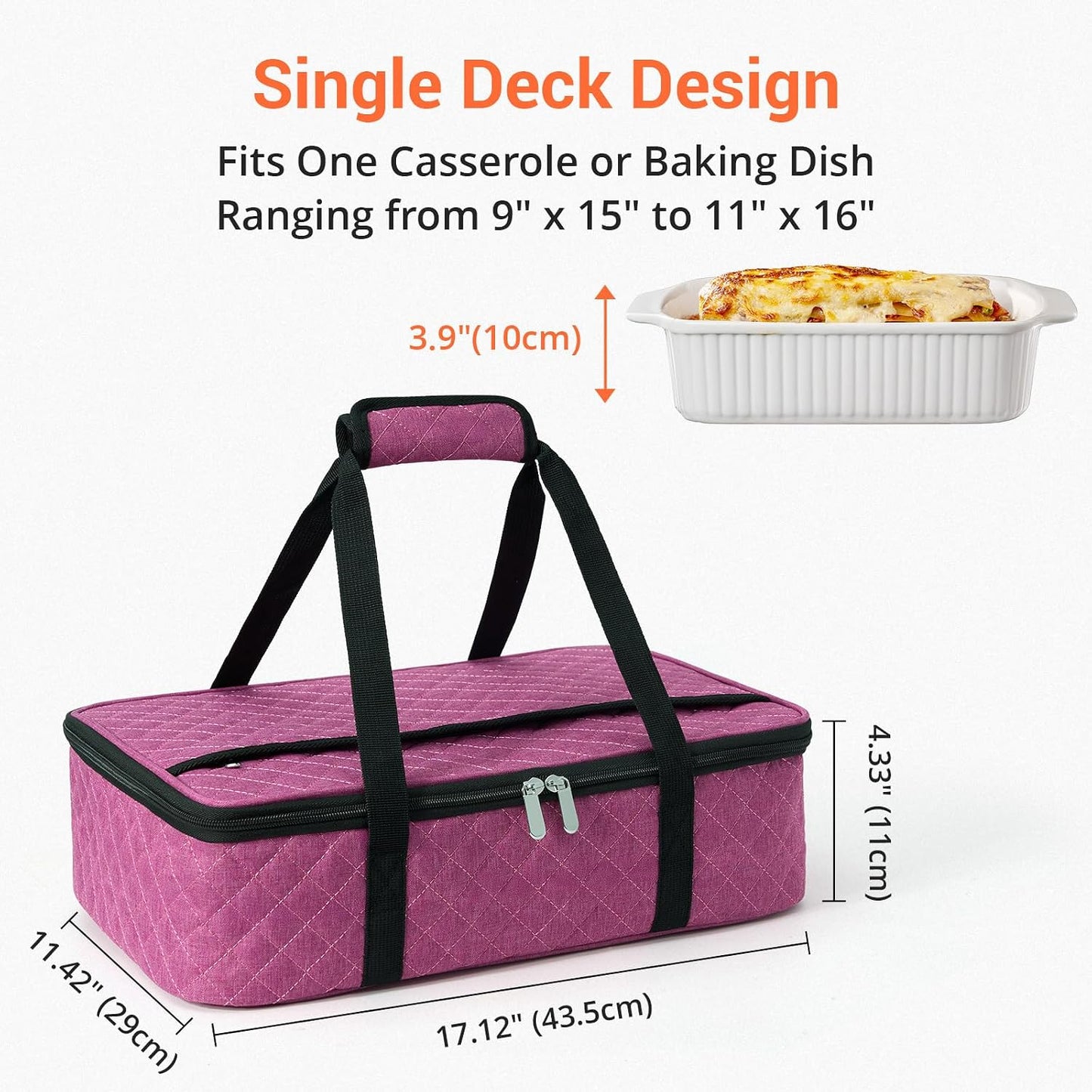 Insulated Casserole Carrier Portable Food Tote for Hot or Cold – Fits 9"x13" Baking Dish, Lasagna Holder for Parties, Picnic, Travel, Beach - Black