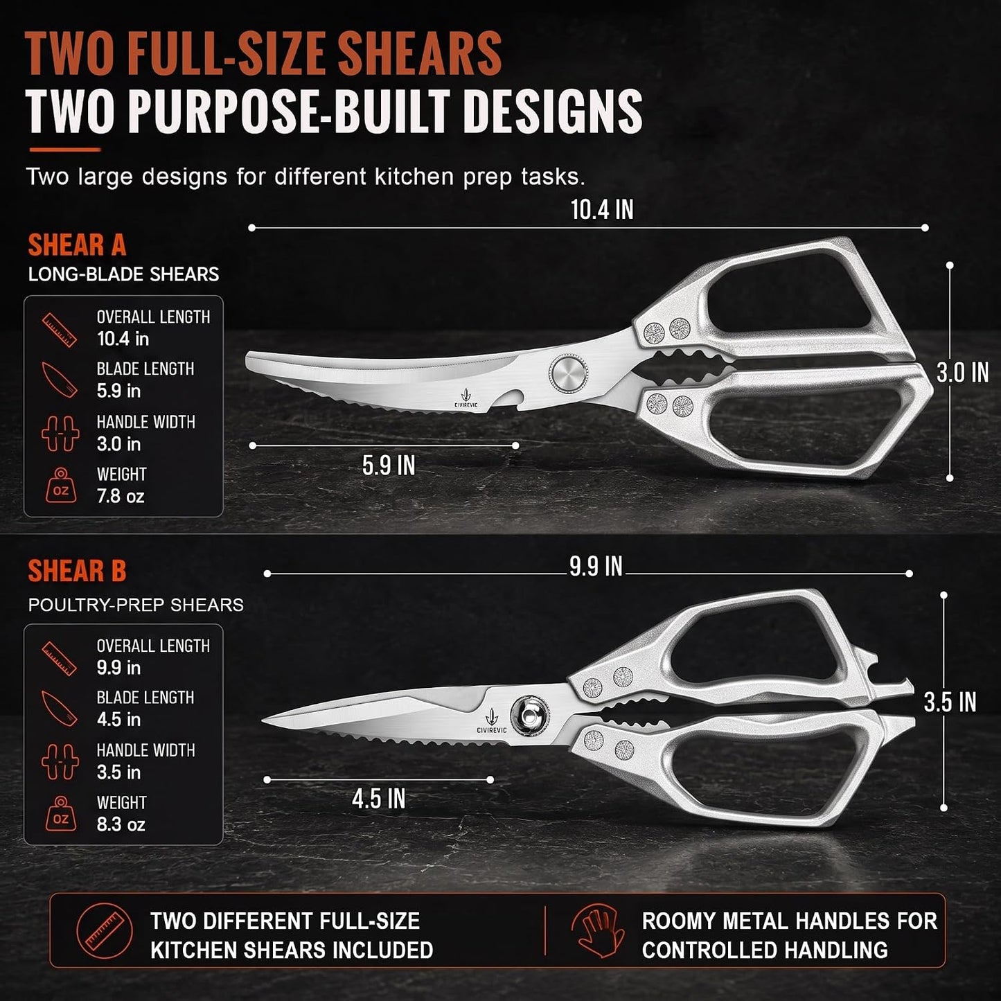 Heavy Duty Kitchen Shears 2 Pack, Full-Size Stainless Kitchen Scissors