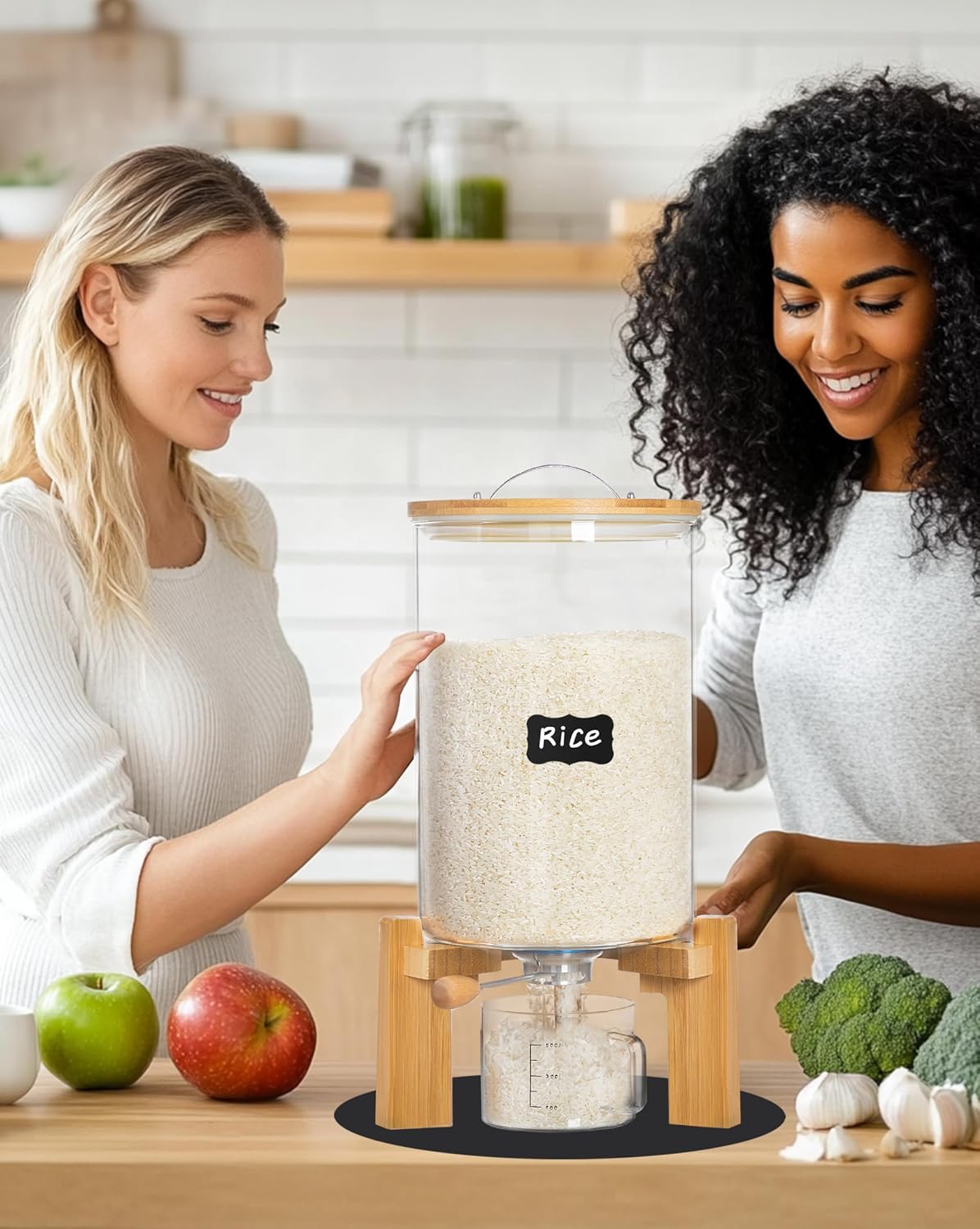 5-7 lbs Glass Rice Dispenser with Wooden Stand Flour and Cereal Container with Glass Measuring Cup & Labels & Slider mat Pantry Food Organization Storage Bin with Airtight Bamboo Lid, 3L