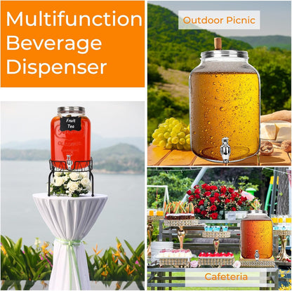 1 Gallon Glass Drink Dispensers with Wood Lid, 2 Pack Clear Beverage Dispenser with Stand and Spigot for Parties, Lemonade Dispenser with Markers and Chalkboard for BBQ, Picnic
