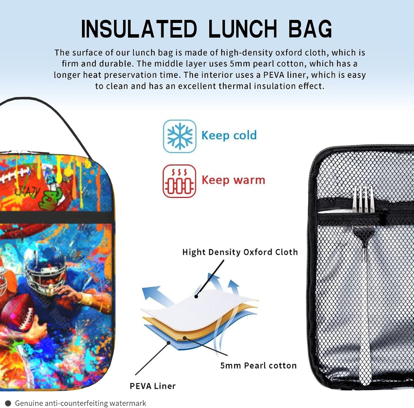 Boys Lunch Box for School Insulated Football Lunch Bag for Kid Boys Girls Teen Bento Boxes to School Office Picnic Travel Hiking Lunchbag Waterproof Leakproof with Adjustable Shoulder Strap