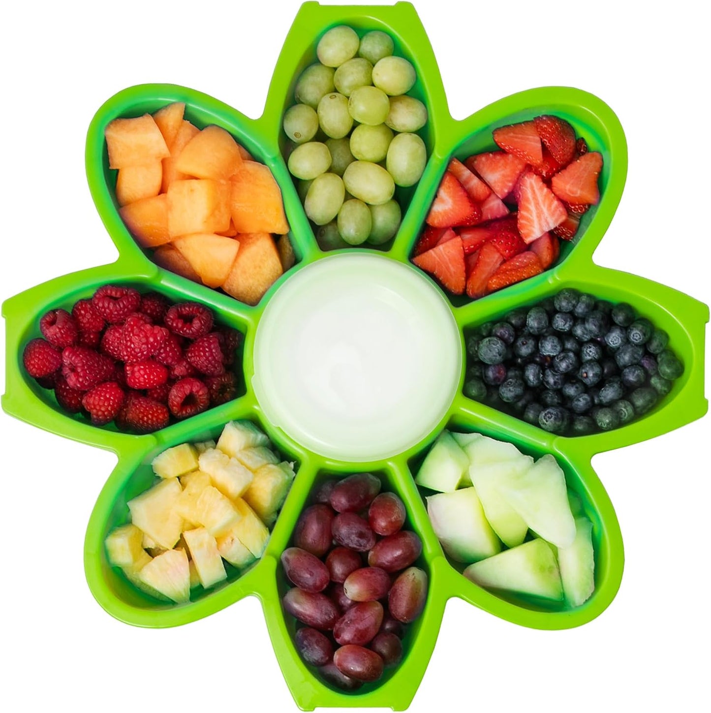 KOLORAE Flower Snack Serving Tray - 9 Compartment Party Platter with Dressing Cup for Chips and Dip, Fruits and Veggies - Game Day & Summer Entertaining Tray