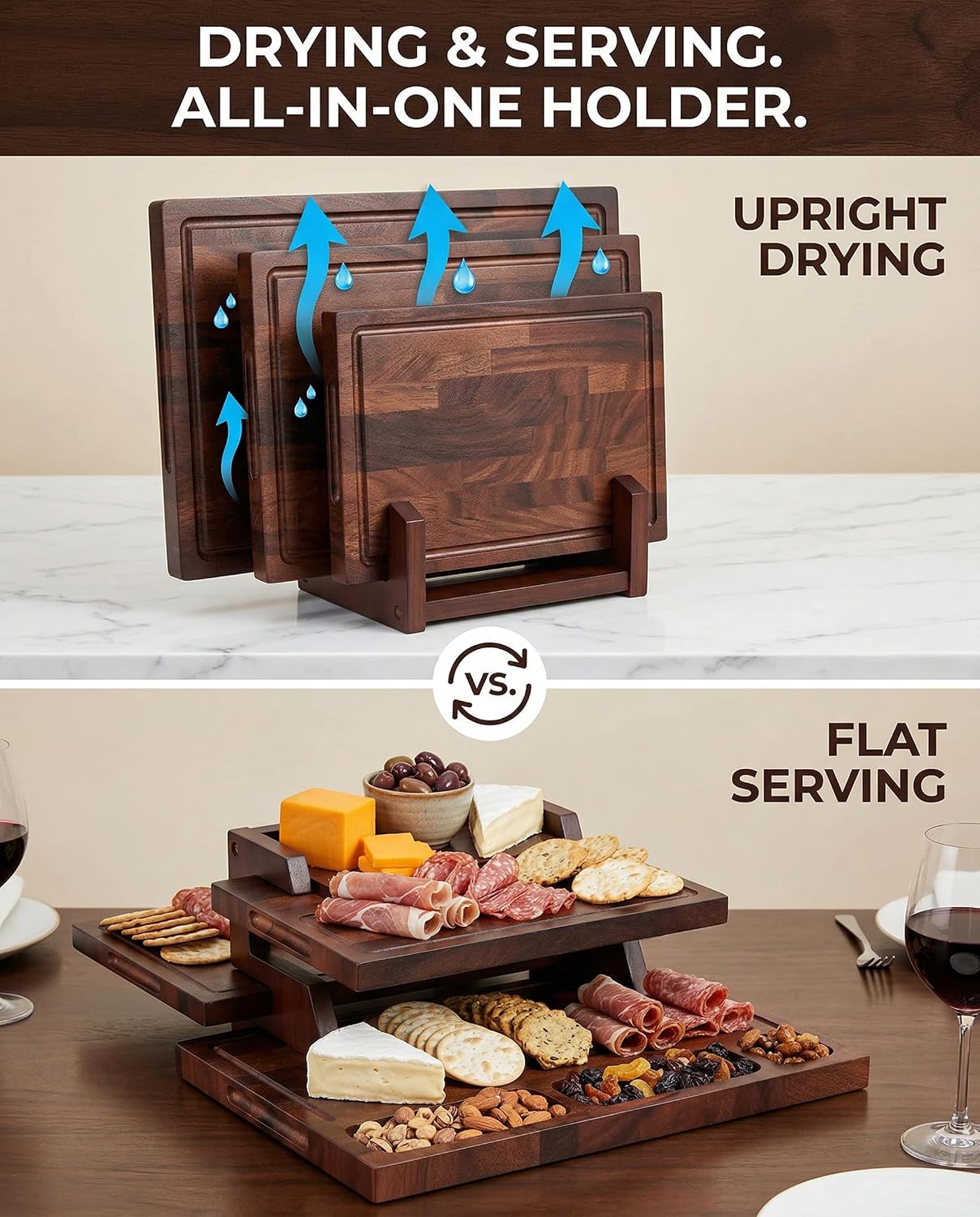CARTMAN 3-Piece Walnut Cutting Board Set with Dual-Purpose Holder, End Grain Wood Cutting Boards for Kitchen, Perfect for Meat, Vegetables and Charcuterie Displays