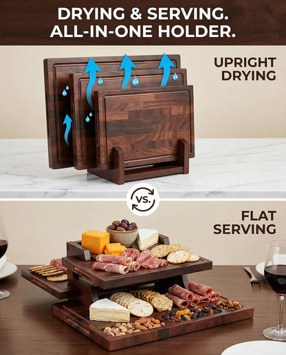 CARTMAN 3-Piece Walnut Cutting Board Set with Dual-Purpose Holder, End Grain Wood Cutting Boards for Kitchen, Perfect for Meat, Vegetables and Charcuterie Displays