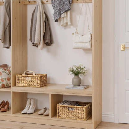 StorageWorks Wicker Basket for Organizing, Pantry Organizer with Wooden Frame, Water Hyacinth Storage Basket for Shelves