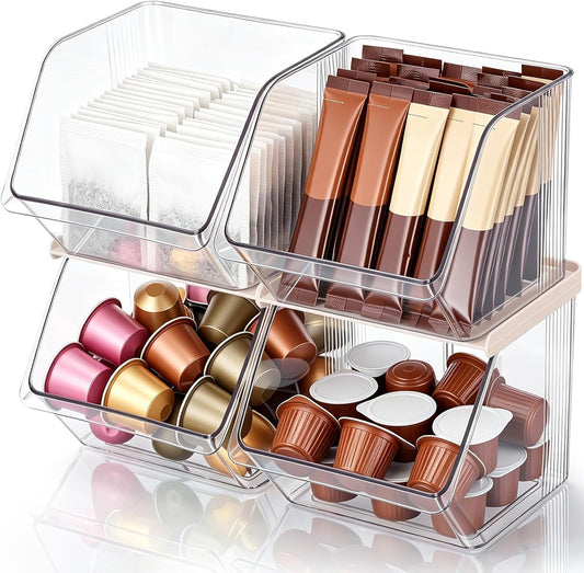 4 Pcs Clear Plastic Storage Bins Stackable Pantry Storage Organizer Kitchen Cabinet Organizers Ideal Containers for Tea Sugar Bag Coffee Pod Office Fridge Caddy