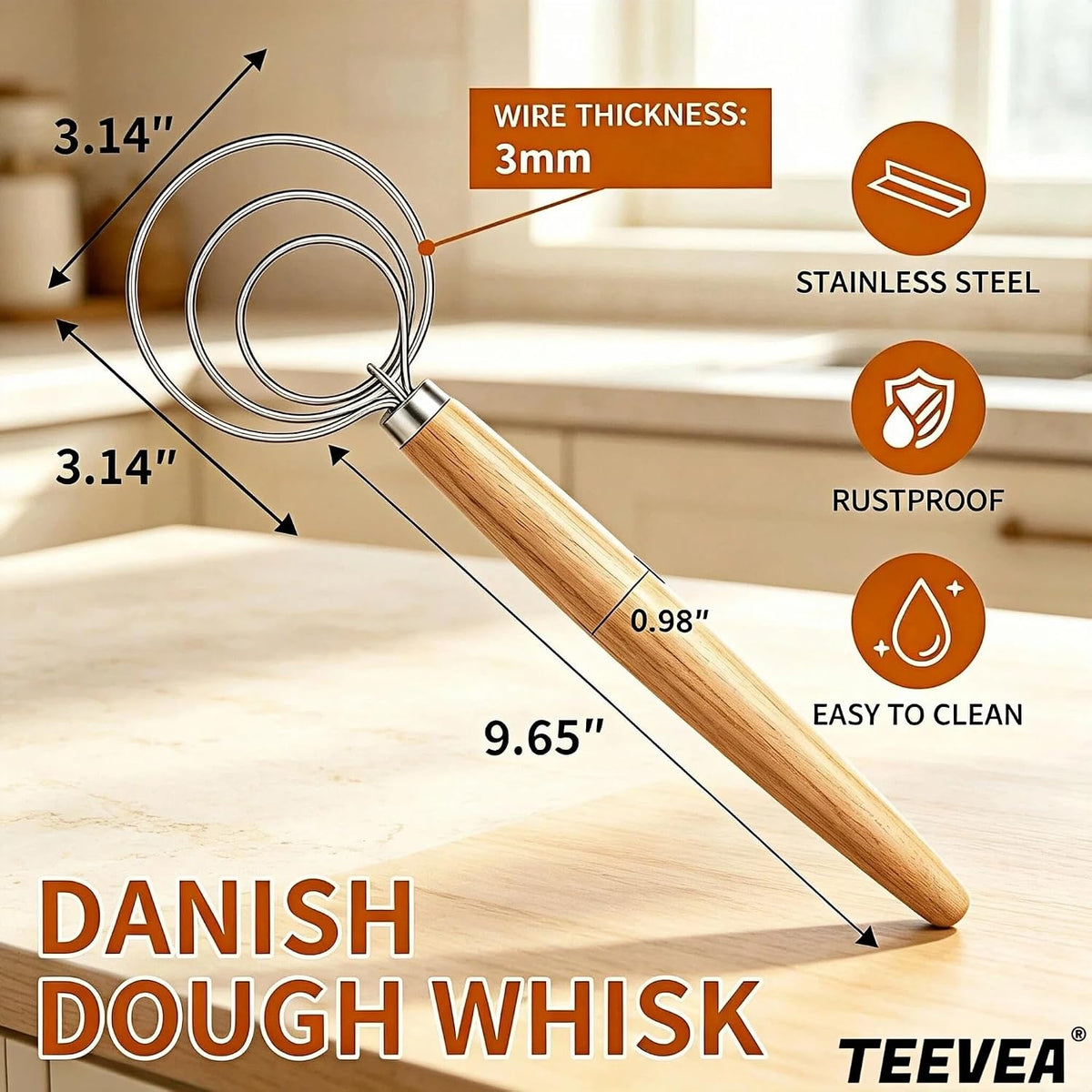 TEEVEA Danish Dough Whisk, Stainless Steel for Sourdough Bread