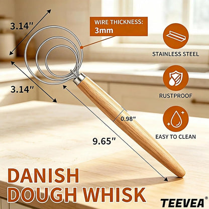 TEEVEA Danish Dough Whisk, Stainless Steel for Sourdough Bread