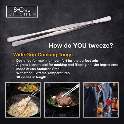 8-CREW KITCHEN Chef Tweezers - 3 Stainless Steel 8” Culinary Tweezers for Plating, Bar and Multi-Purpose with a 10” 304 S/S Tweezer for Cooking
