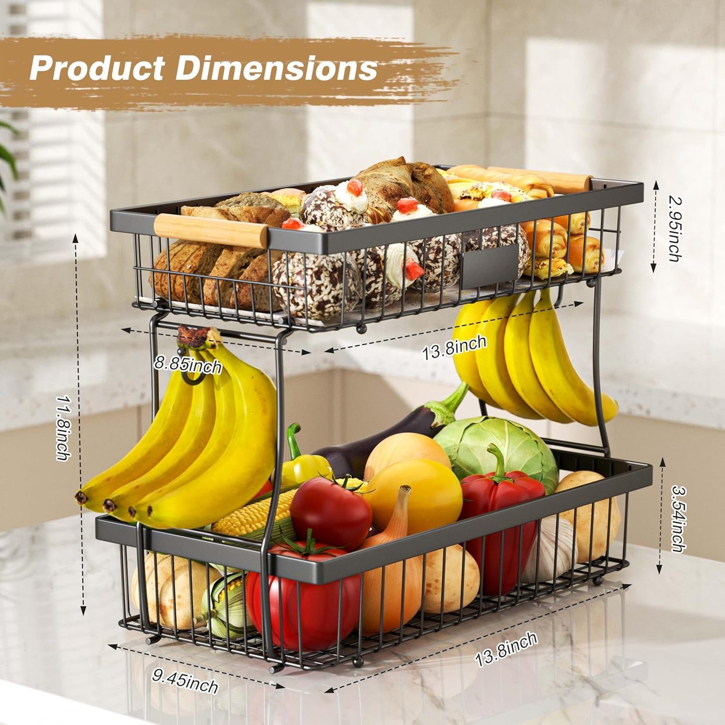 3 Tier Fruit Basket for Kitchen Counter with 2 Banana Hangers, Countertop Metal Fruit Bowl with Wooden Handle, Large Capacity Metal Wire Fruits Stand Organizer for Fruits Vegetables Breads Coffee Can