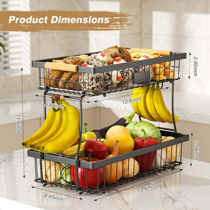 3 Tier Fruit Basket with 2 Banana Hangers for Kitchen Counter | 3-Tier Detachable Design,Metal Wire Construction, Wooden Handle, Large Capacity, Multi-Purpose Organizer,Mesh Basket