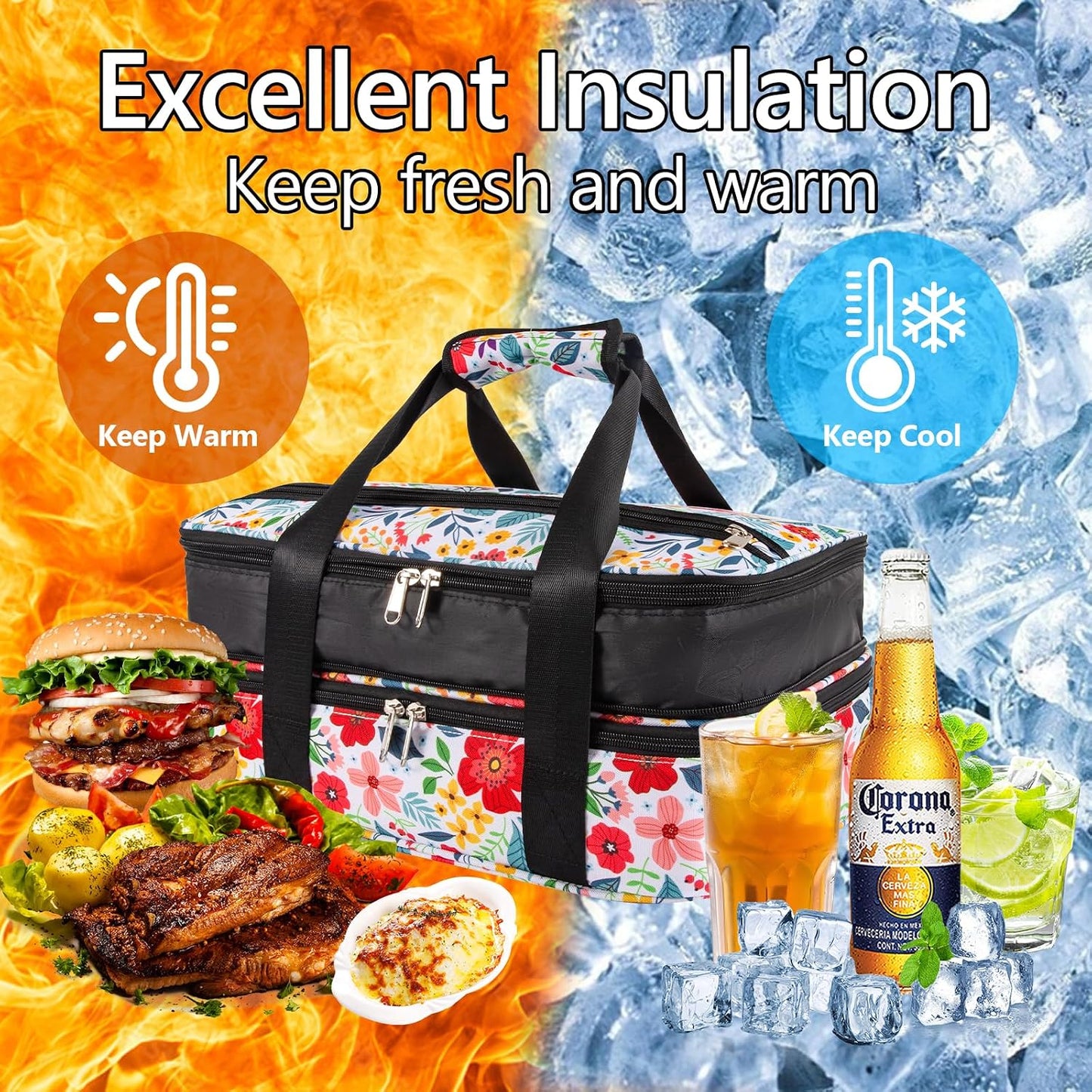 Insulated Casserole Carrier Fits Pioneer Woman Kitchen Stuff & 9x13 Baking Dish, Large Lasagna Lugger Tote, Leakproof Thermal Food Warmer Bag for Potluck, Picnic, Travel, Hot/Cold Food & Mom Gifts