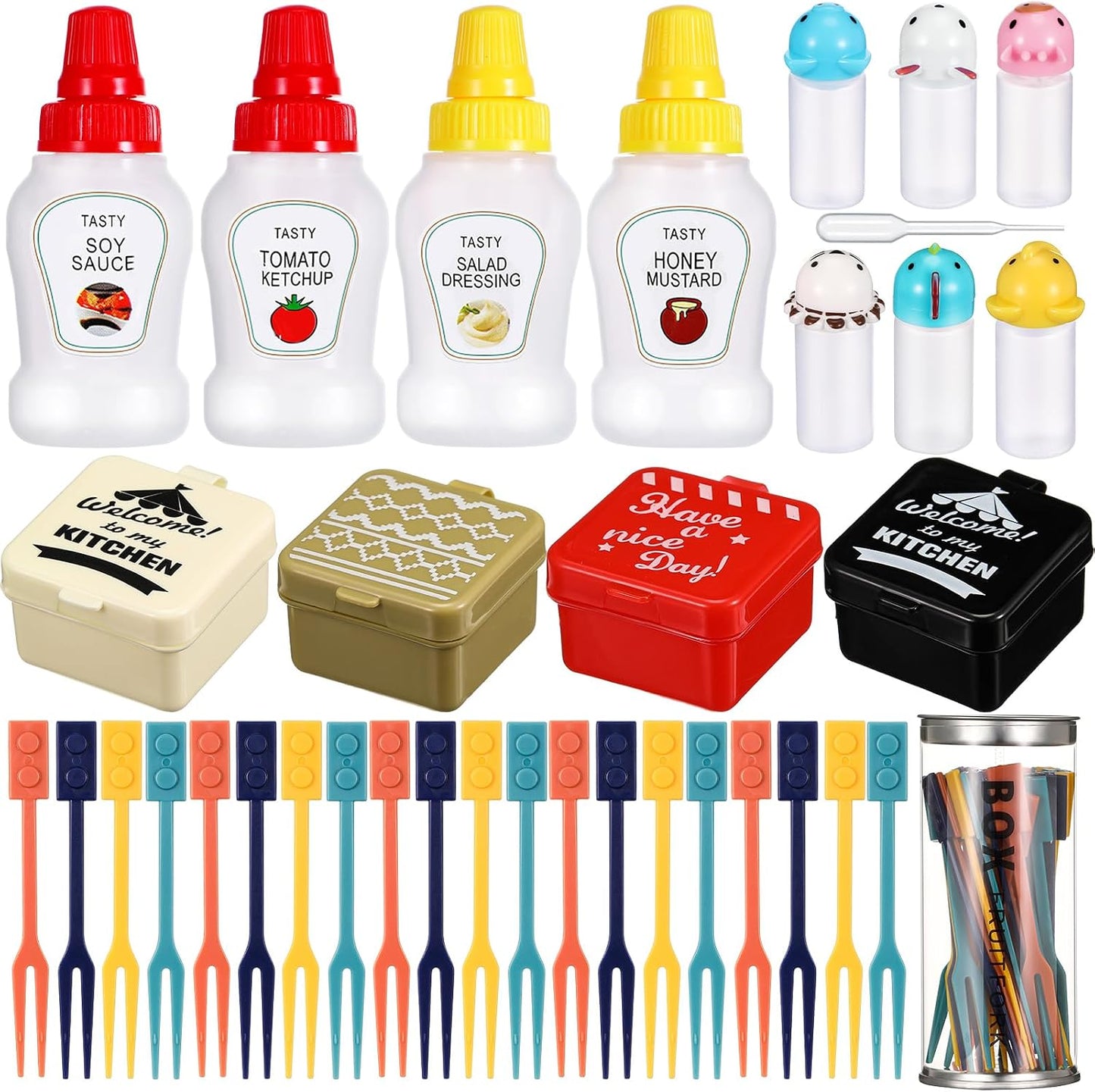 50 Pcs Kids Bento Box Accessories Including Food Picks Mini Condiment Bottles Ketchup Squeeze Bottles, Mini Soy Sauce Container with Funnel for Kids School Bento Camping Office Accessories (Animal)
