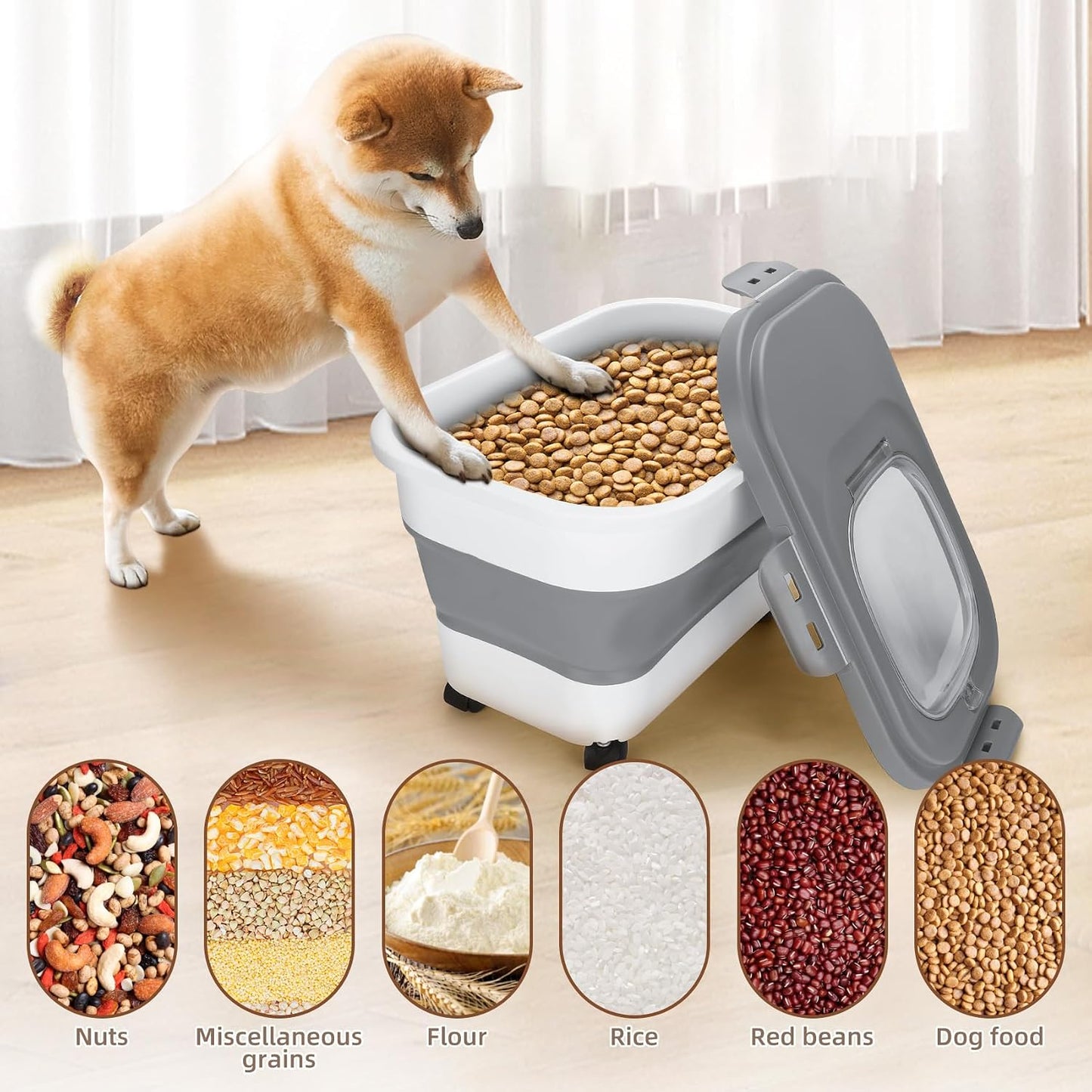 Dog Food Container, Collapsible Pet Food Storage Container 17-20 lb with Rolling Wheels & Airtight Lid, Plastic Storage Bin With Dog Food Scoop and Measuaring Cups