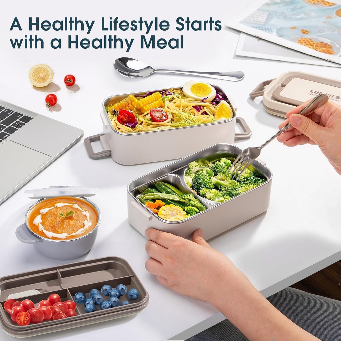 Bento Box Adult Lunch Box, Stackable 3 Layer 304 Stainless Steel Lunch box for Adults Kids Office, 3L Large Capacity Portable Lunch Box Containers with Soup Bowl Spoon and Fork