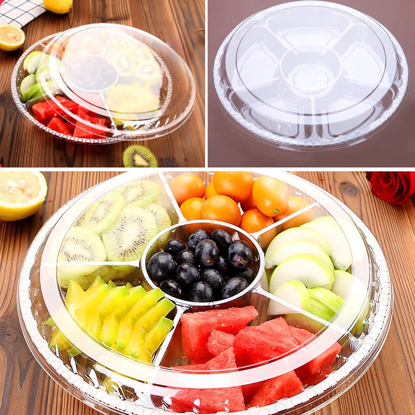 10 Pcs Round Plastic Appetizer Tray with Lid Divided Serving Tray Disposable Food Storage Trays Containers Plastic Tray Storage Snack Fruit Vegetable Trays for Party (black, 13.7 x 13.7 x 2 Inch)
