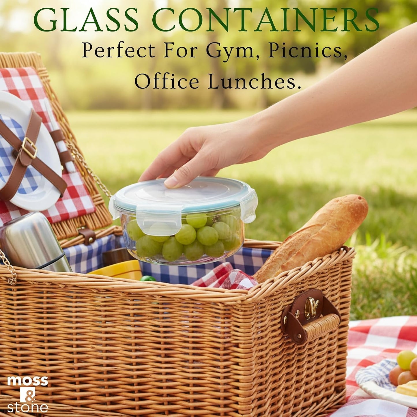 Moss and Stone Rectangular Borosilicate Glass Meal Food Containers - Prep Food Storage Containers Airtight - Snap Locking Lids – Microwave, Oven, Freezer, Dishwasher Safe – with 2 Compartment 2 Pack