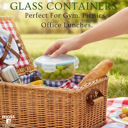Moss and Stone Rectangular Borosilicate Glass Meal Food Containers - Prep Food Storage Containers Airtight - Snap Locking Lids – Microwave, Oven, Freezer, Dishwasher Safe – with 2 Compartment 2 Pack