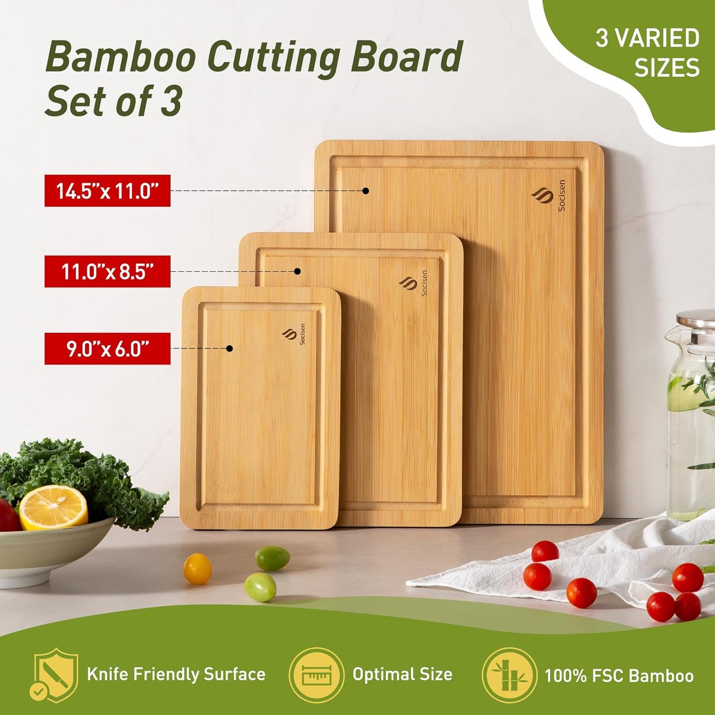 3 Packs Bamboo Cutting Board Set with Non Slip Feet and Over Sink Nice Solid Thick Wood Juice Groove Chopping Board Extra Large Big Small Best Hardwood Kitchen Counter Organic Vegetable