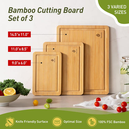 3 Packs Bamboo Cutting Board Set with Non Slip Feet and Over Sink Nice Solid Thick Wood Juice Groove Chopping Board Extra Large Big Small Best Hardwood Kitchen Counter Organic Vegetable