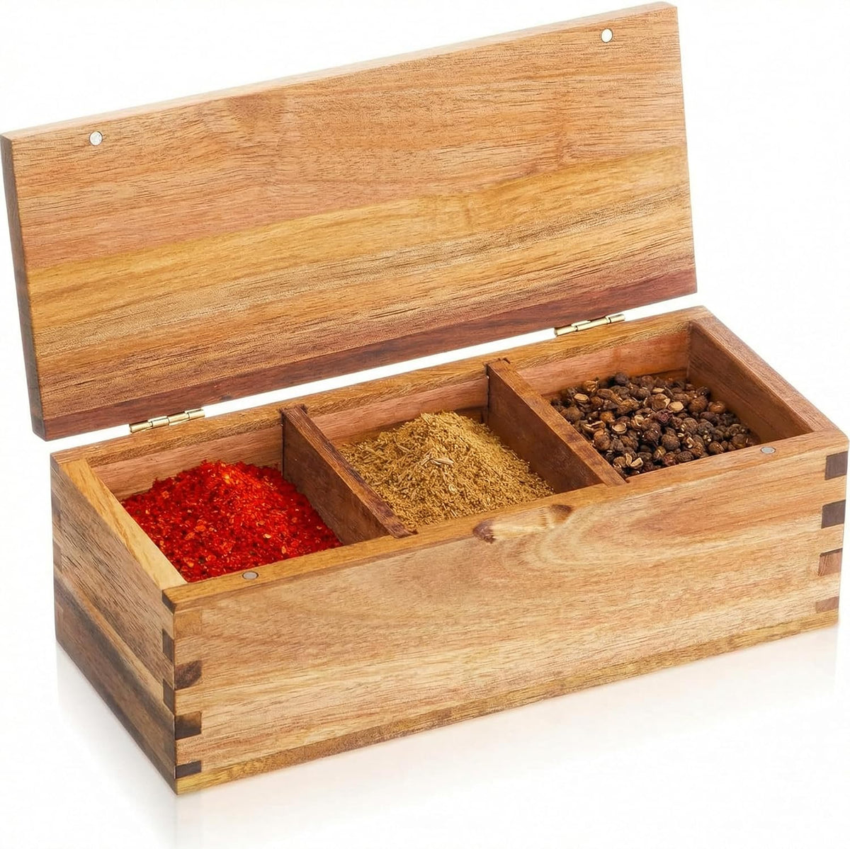 Acacia Wood Salt Cellar Spice Box with Magnetic Lid 29oz Large Capacity Salt Organizer 3 Compartments for Kitchen Countertop, Pepper, Seasonings, Spices, Grilling & Cooking