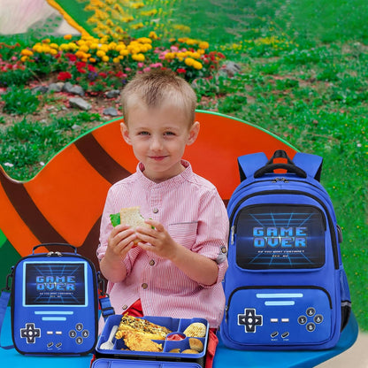 ACESAK Game luminous Boys Backpack - Bento Box with Insulated Lunch Bag Pencil Case, Utensils Set for Kids, 6 Leakproof Compartments Removable Tray Lunches or Snack Container (Blue)