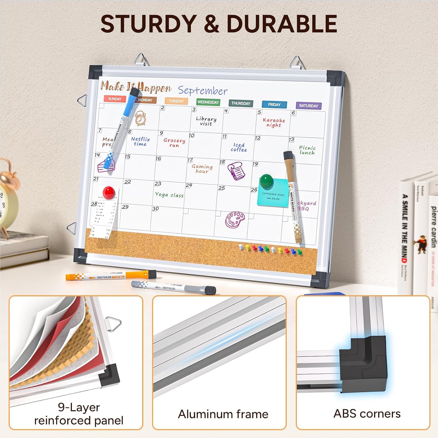 Marsrock Weekly Calendar Whiteboard and Cork Board Combo for Wall, 17"x13" Reversible Hanging Dry Erase Board, Double Sided White Board with Aluminum Frame for Planning, Office, Kitchen, School, Home