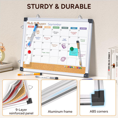 Marsrock Weekly Calendar Whiteboard and Cork Board Combo for Wall, 17"x13" Reversible Hanging Dry Erase Board, Double Sided White Board with Aluminum Frame for Planning, Office, Kitchen, School, Home