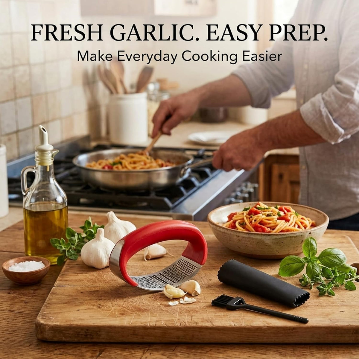 Angel's Peel Lounge Stainless Steel Garlic Press Rocker Set with Silicone Garlic Peeler & Cleaning Brush – Garlic Chopper, Mincer, Grater, Crusher – Easy for Crushed Cloves – Rust-Resistant, Black