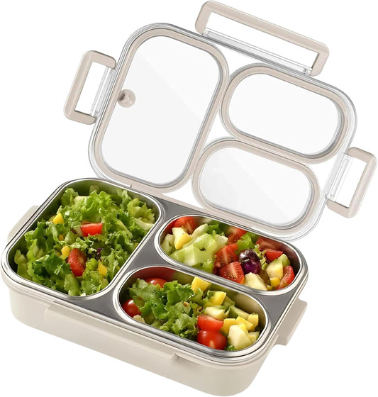 Stainless Steel Lunch Box for Kids, 3-Compartment Bento Box with Lid | Leakproof, Eco-Friendly Metal Food Container for School, Work, Picnic | Easy to Clean & Microwave Safe (White)