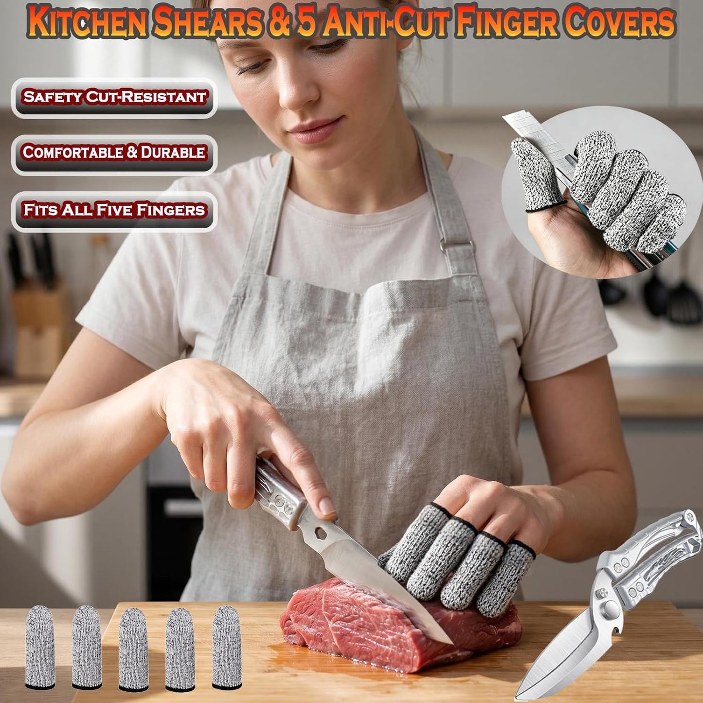 Heavy Duty Poultry Shears w/ 5 Anti-Cut Finger Covers, Stainless Steel Food Scissors for Chicken, Meat, Seafood, Dishwasher Safe Kitchen Shears for Bone Cutting & Thanksgiving Meals