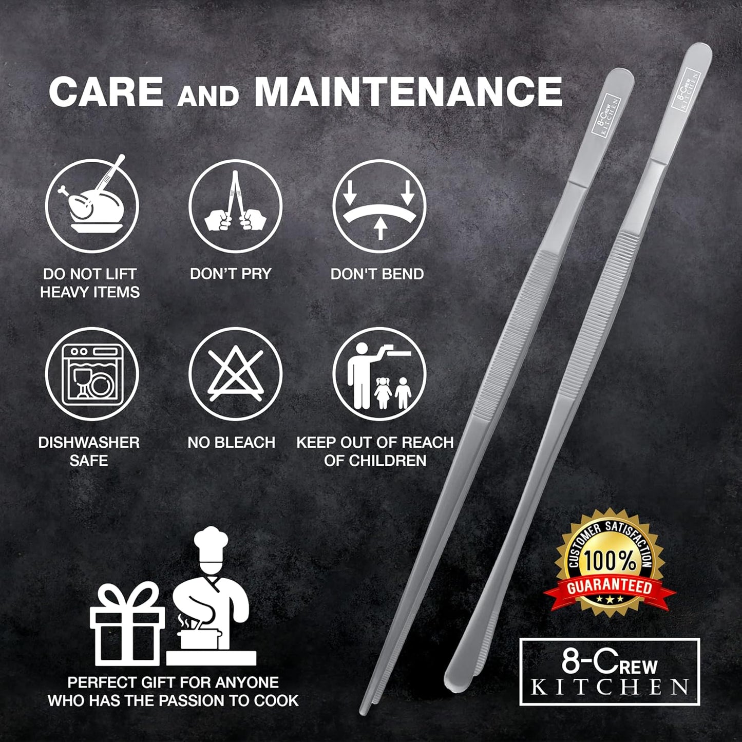 8-CREW KITCHEN Cooking Tweezers - 12 inch 304 Stainless Steel Set of 2 - Culinary Chef Tweezers for Multi-Purpose, Plating, Food Decorating & Bar