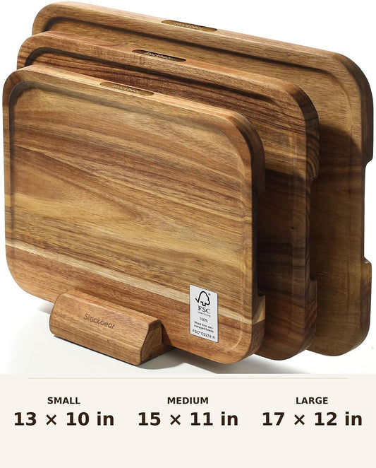 Starkbear Acacia Wood Cutting Board Set of 3 with Stand, Core-Cut Non Slip Wooden Chopping Block, Sloped Juice Groove Reversible Charcuterie Serving Tray for Modern Kitchen Gift