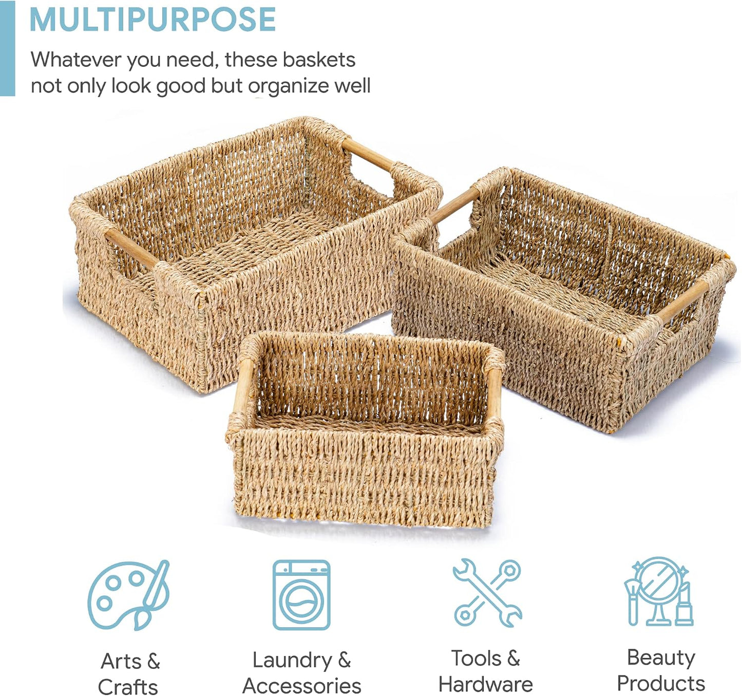 VATIMA Water Hyacinth Storage Baskets with Large Open-Front for Kitchen, Decorative for Living Room, 13.4” x 9.5” x 5.5”, 2 Pack